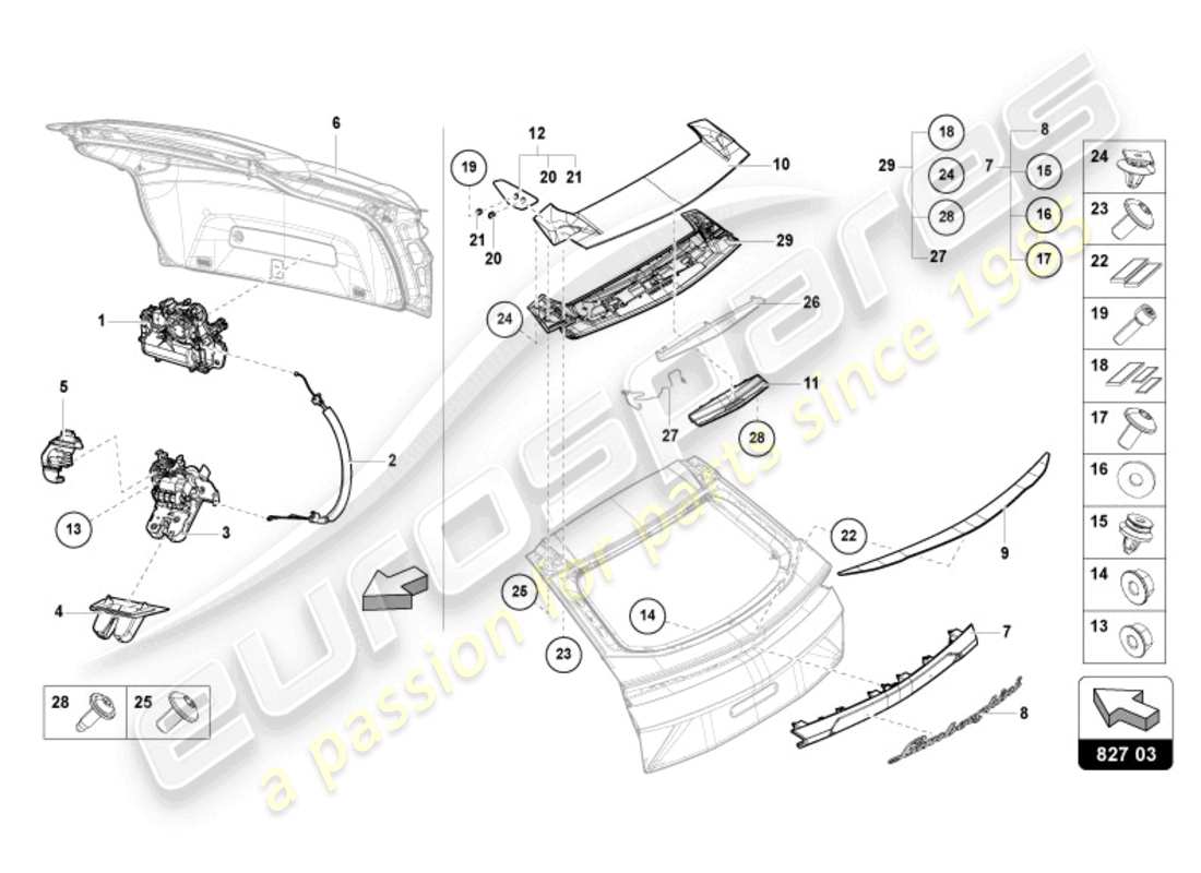lamborghini urus performante (2024) spoiler para tapa trasera esquema de piezas trasero