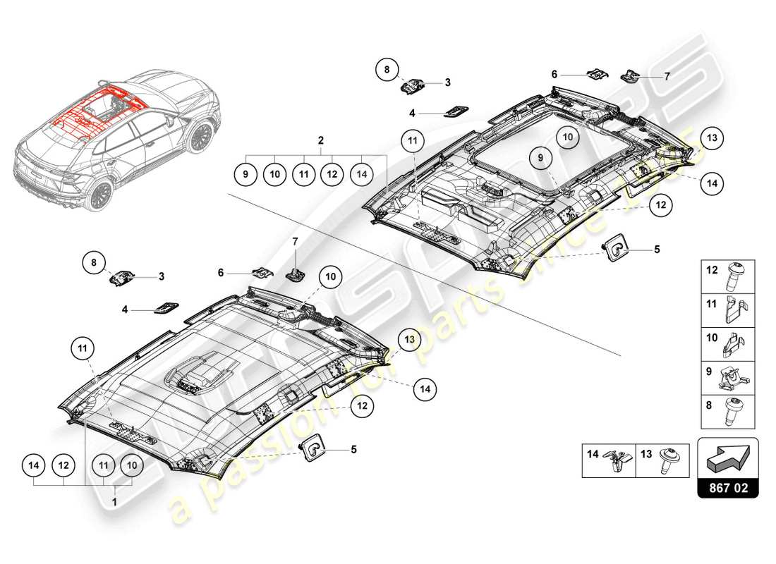 lamborghini urus s (2024) diagrama de piezas del revestimiento del techo