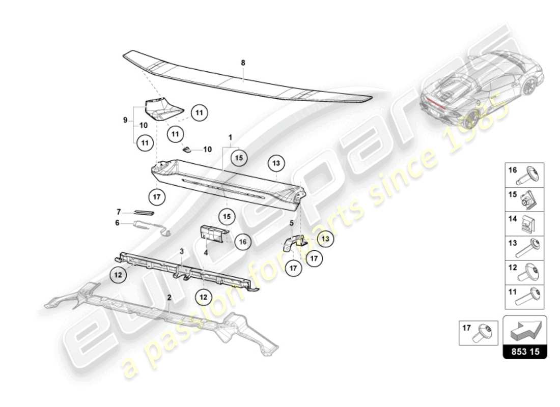 lamborghini tecnica (2023) parte superior del panel trasero esquema de piezas