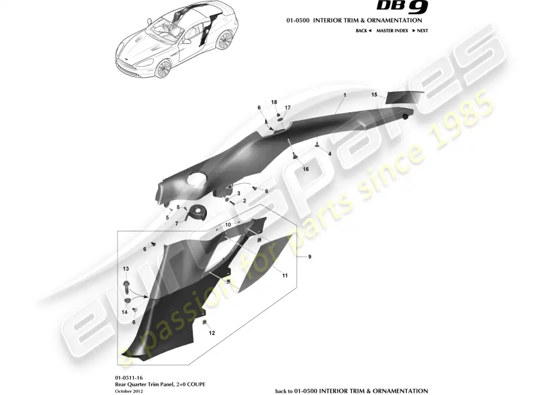 aston martin db9 (2017) panel embellecedor del cuarto trasero, 2+0 coupé diagrama de piezas