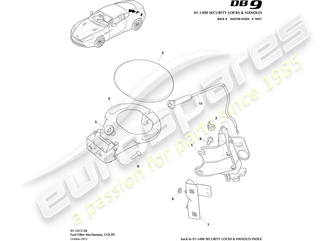 aston martin db9 (2016) mecanismo de llenado de combustible, cupé diagrama de piezas
