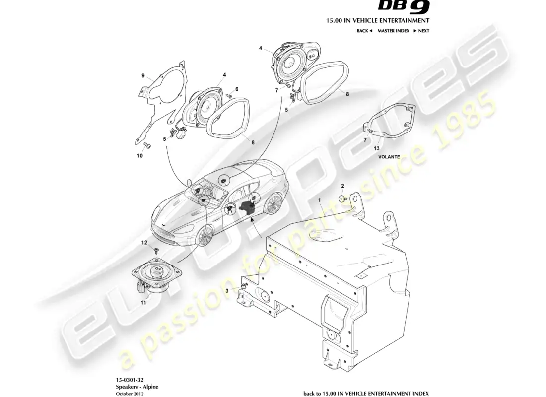 aston martin db9 (2013) altavoces, alpino diagrama de piezas