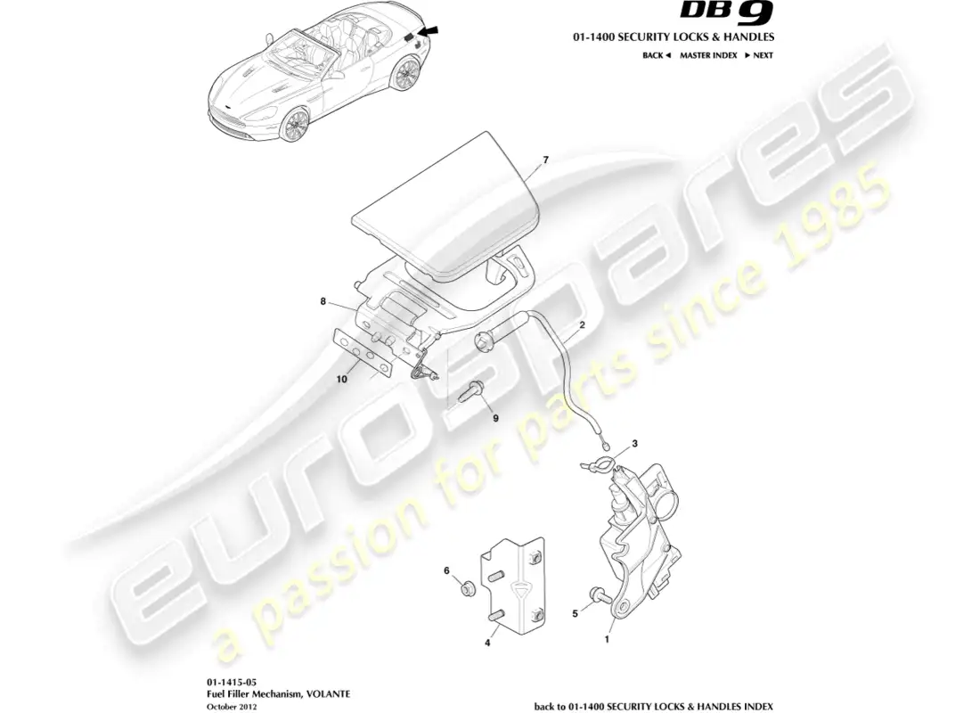 aston martin db9 (2015) mecanismo de llenado de combustible, volante diagrama de piezas