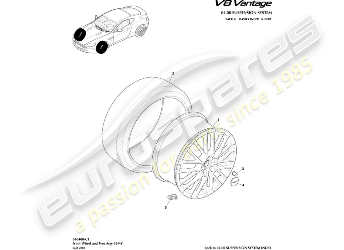 aston martin v8 vantage (2018) ruedas y neumáticos delanteros, diagrama de piezas de 09my a 12.25my