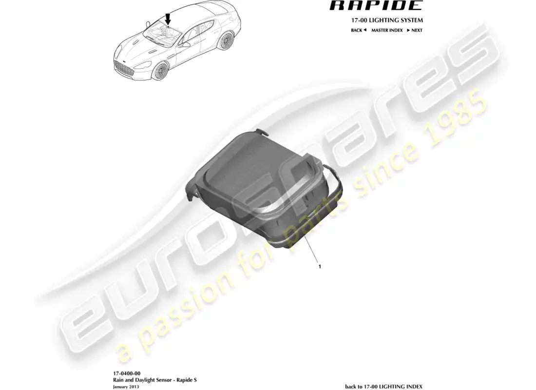 aston martin rapide (2011) sensor de lluvia y luz diurna diagrama de piezas