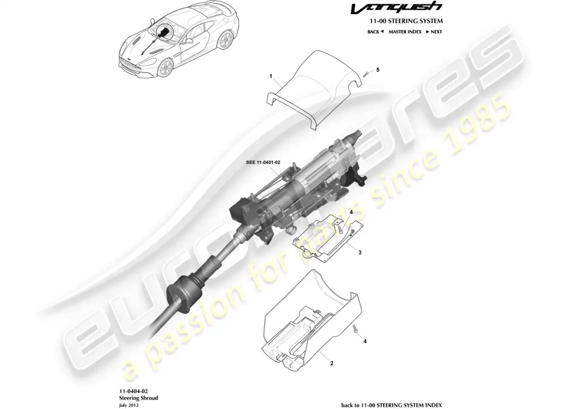 aston martin vanquish (2017) cubierta de columna diagrama de piezas