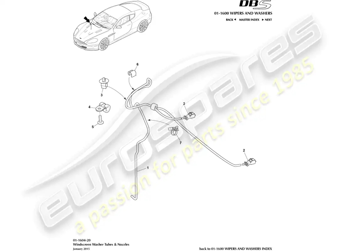 aston martin dbs (2011) lavado de parabrisas diagrama de piezas