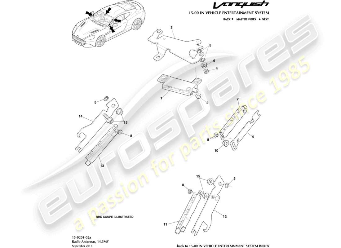 aston martin vanquish (2016) antena de radio, diagrama de pieza 14.5my