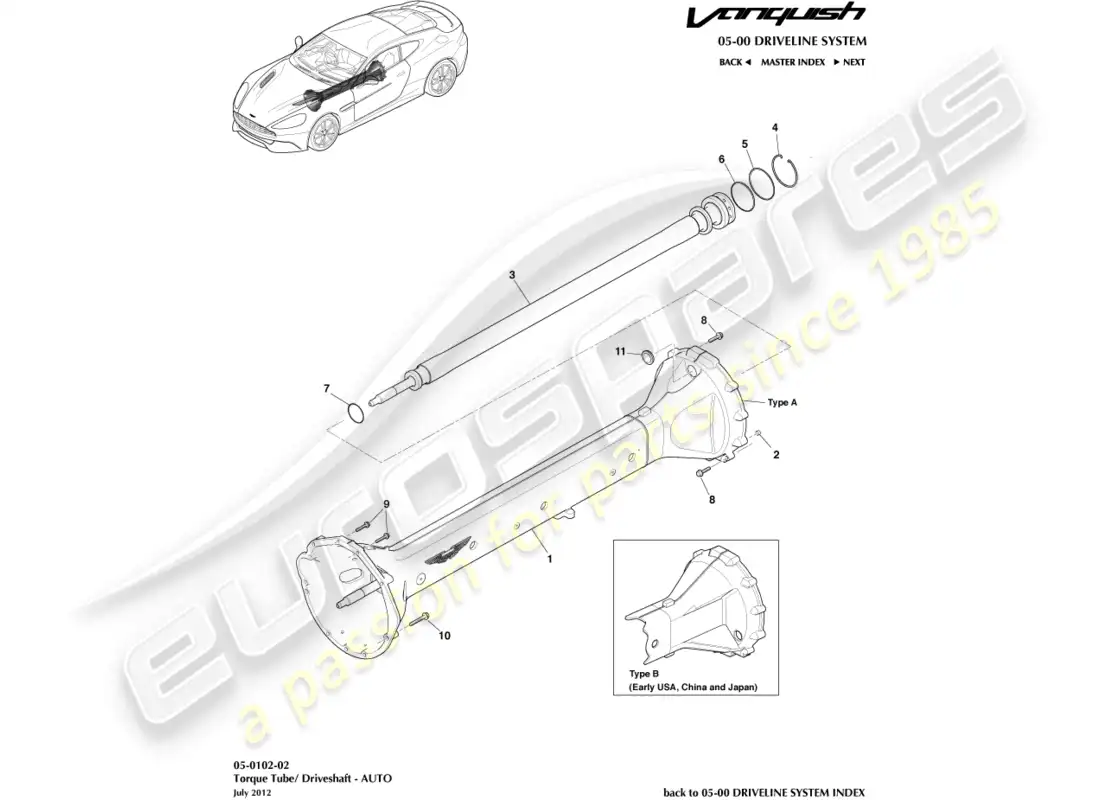 aston martin vanquish (2016) conjunto de tubo de torsión, 6 velocidad diagrama de piezas