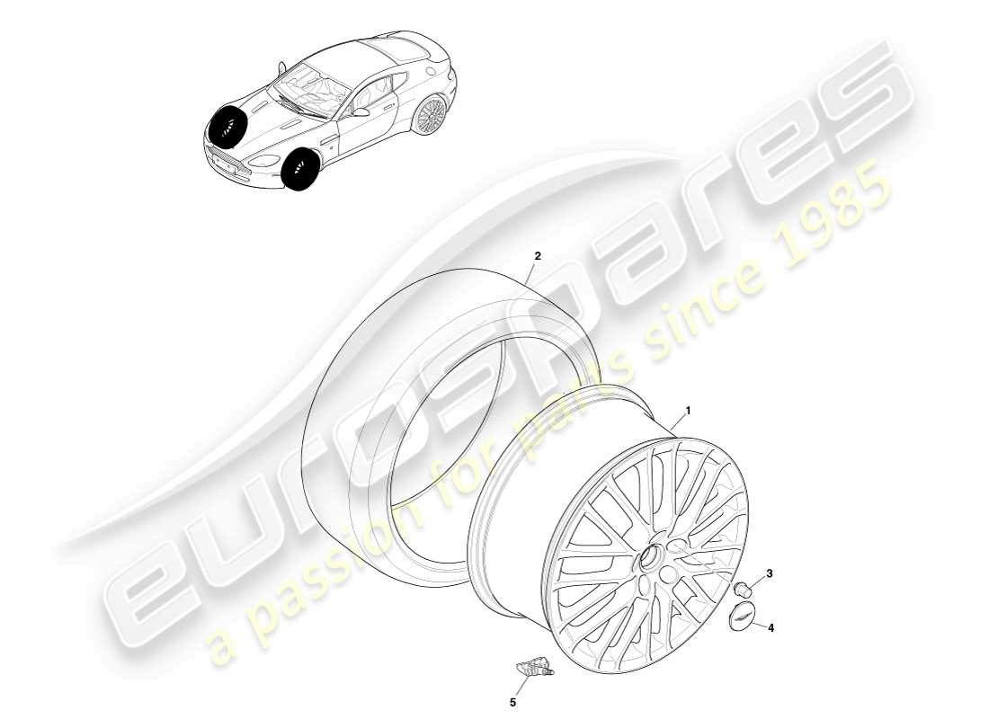aston martin v8 vantage (2005) ruedas y neumáticos delanteros, diagrama de piezas de 09my a 12.25my