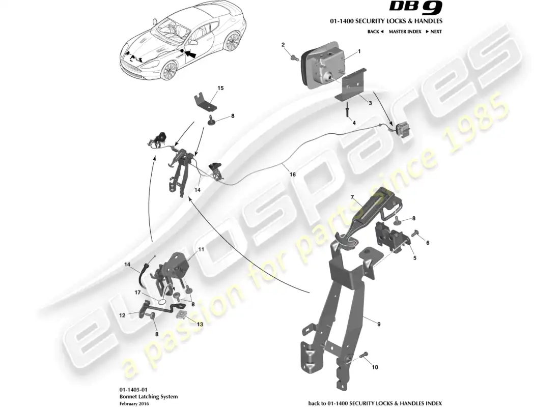 aston martin db9 (2016) actuación y cierre del capó diagrama de piezas