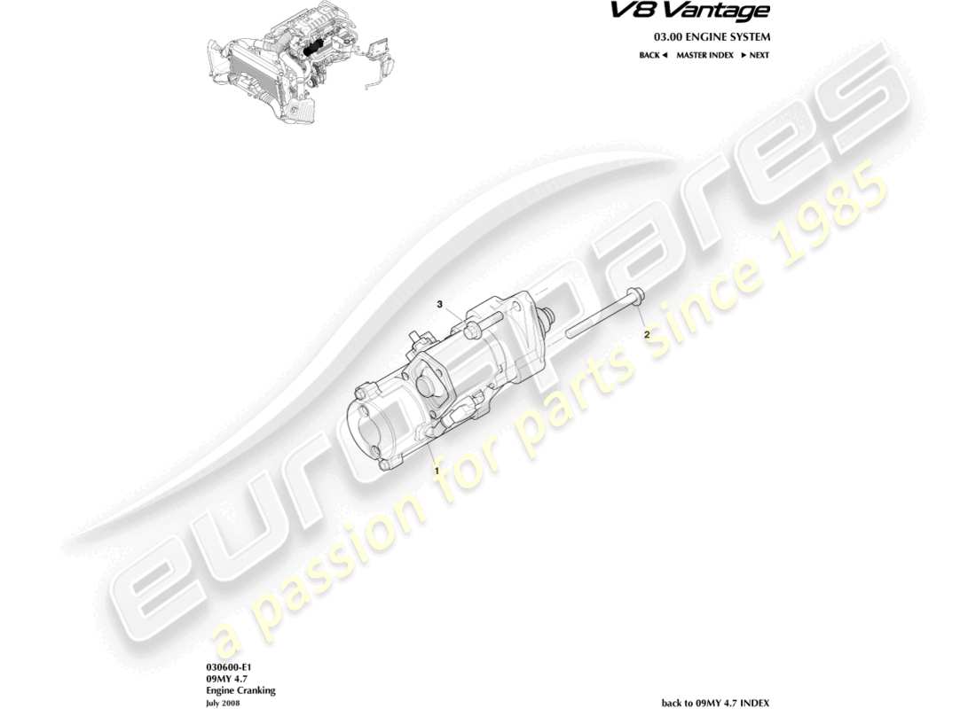 aston martin v8 vantage (2018) diagrama de piezas del motor de arranque