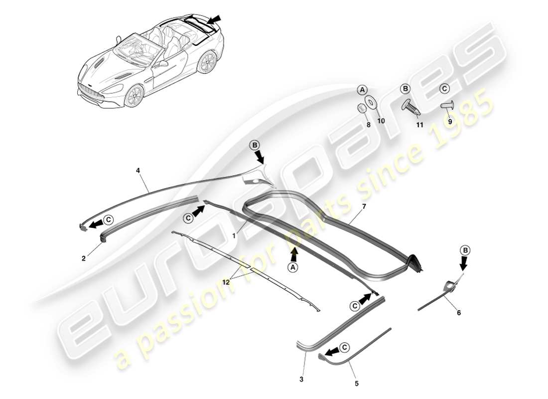 aston martin vanquish (2014) burlete de cierre trasero, diagrama de piezas de volante