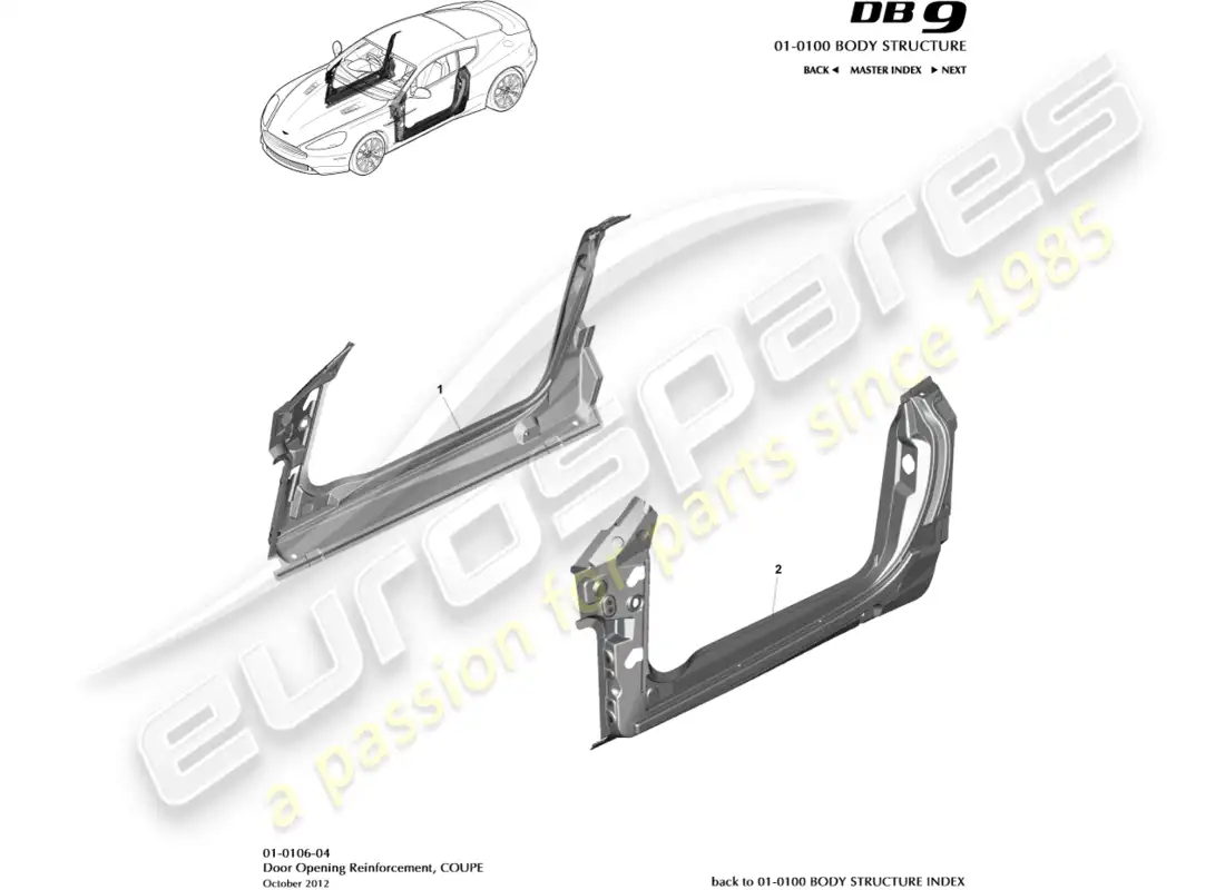 aston martin db9 (2016) marco de apertura de puerta, cupé diagrama de piezas