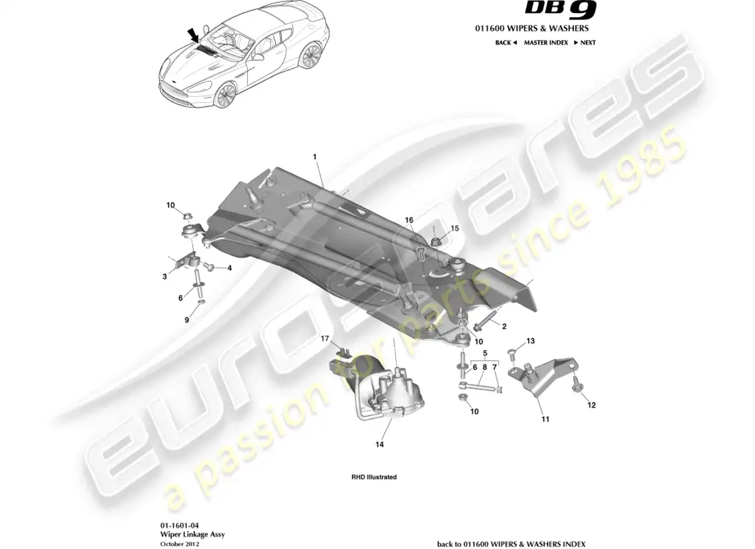 aston martin db9 (2016) varillaje del limpiaparabrisas diagrama de piezas