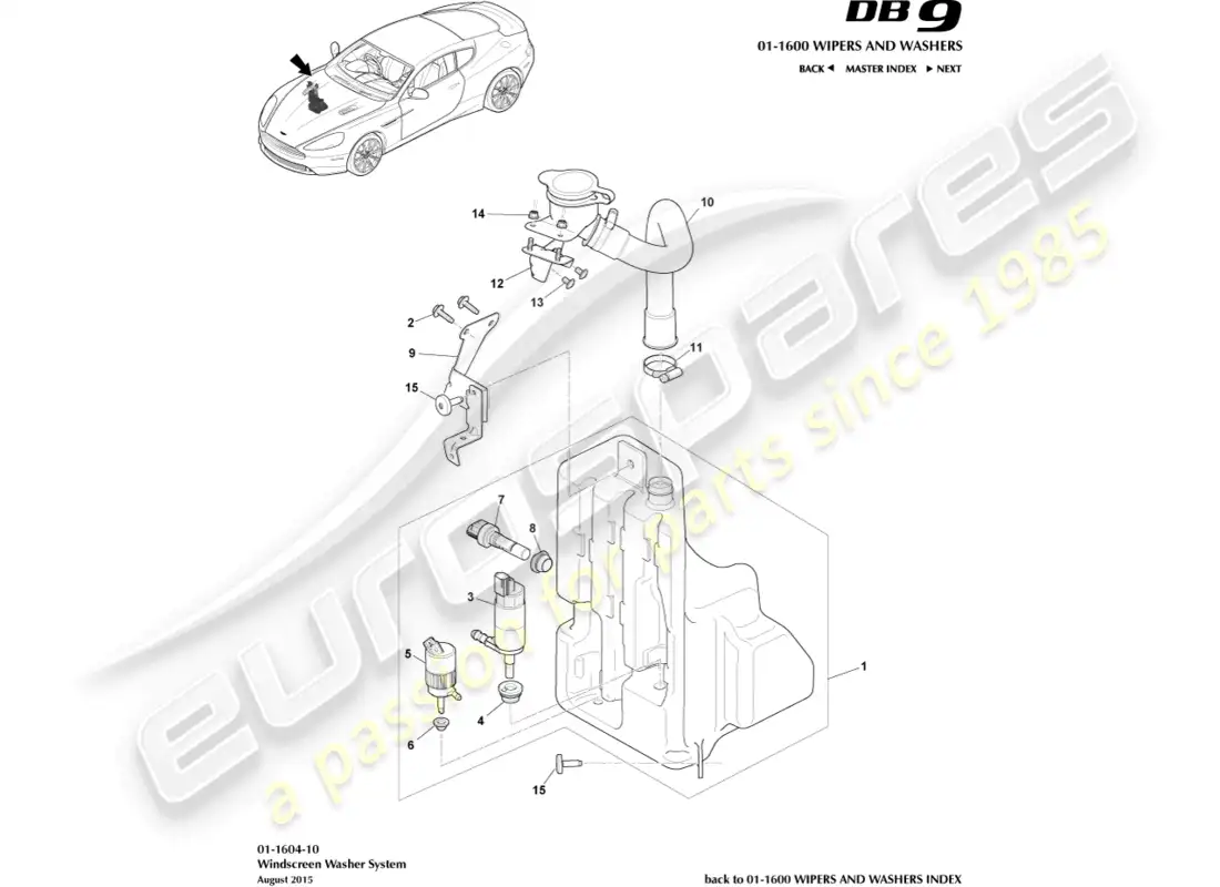 aston martin db9 (2016) diagrama de piezas de la botella de la arandela