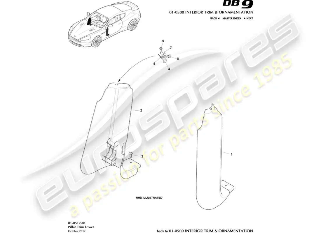 aston martin db9 (2017) moldura de pilar, inferior diagrama de piezas