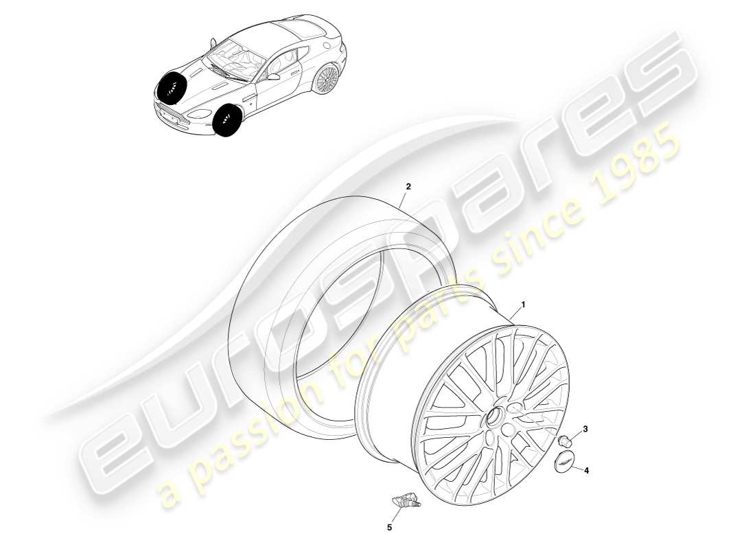 aston martin v8 vantage (2007) ruedas y neumáticos delanteros, diagrama de piezas de 09my a 12.25my