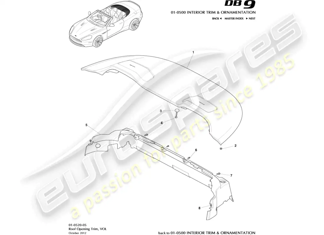 aston martin db9 (2014) moldura de apertura de techo, volante diagrama de piezas