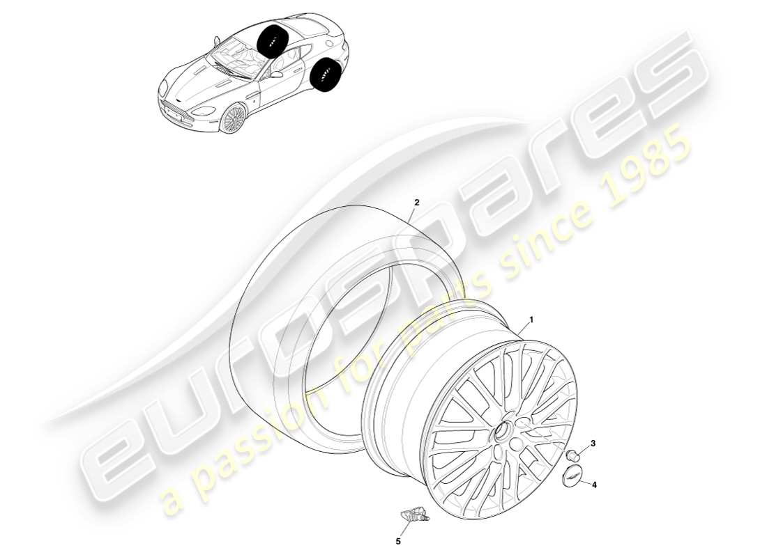 aston martin v8 vantage (2007) ruedas y neumáticos traseros, diagrama de piezas de 09my a 12.25my