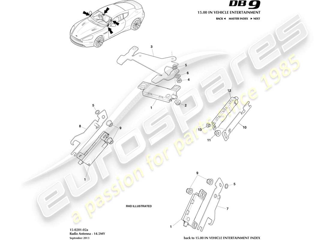 aston martin db9 (2014) antena de radio, 14.5my diagrama de piezas