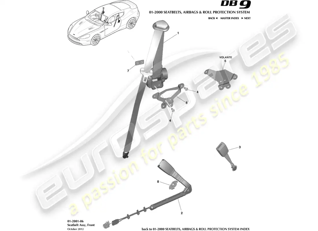 aston martin db9 (2014) cinturones de seguridad delanteros diagrama de piezas
