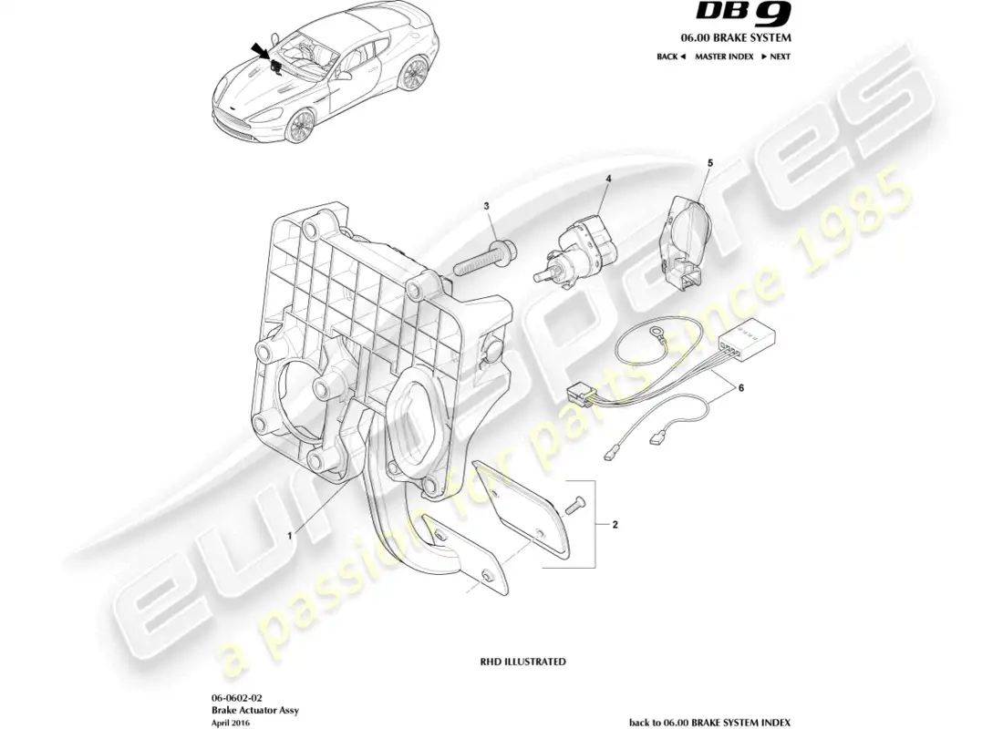 aston martin db9 (2013) conjunto del actuador de freno diagrama de piezas