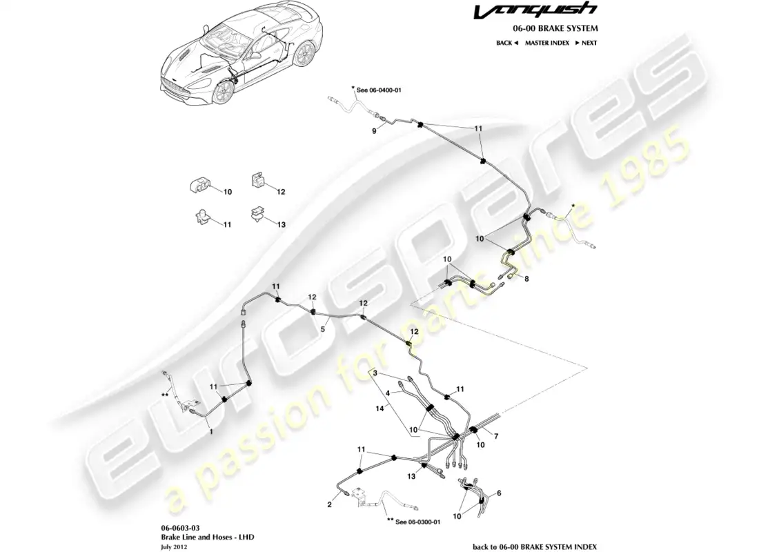 aston martin vanquish (2015) líneas y mangueras de freno, lhd diagrama de piezas