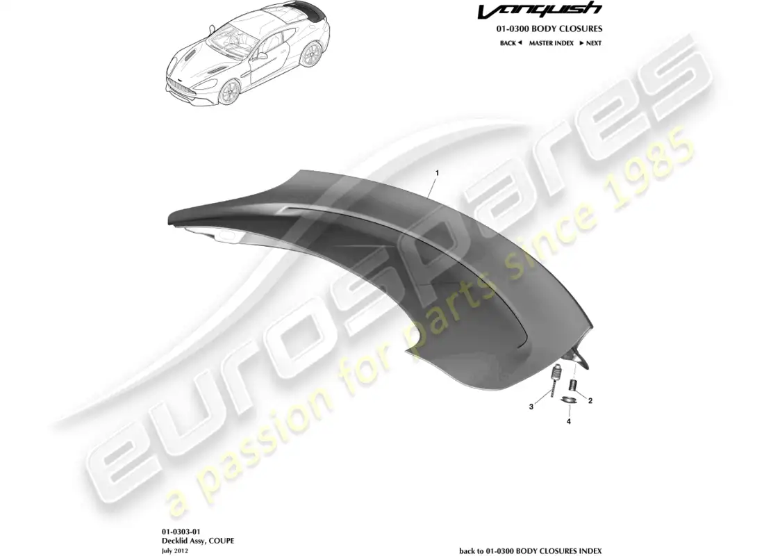 aston martin vanquish (2015) conjunto de portón trasero, cupé diagrama de piezas