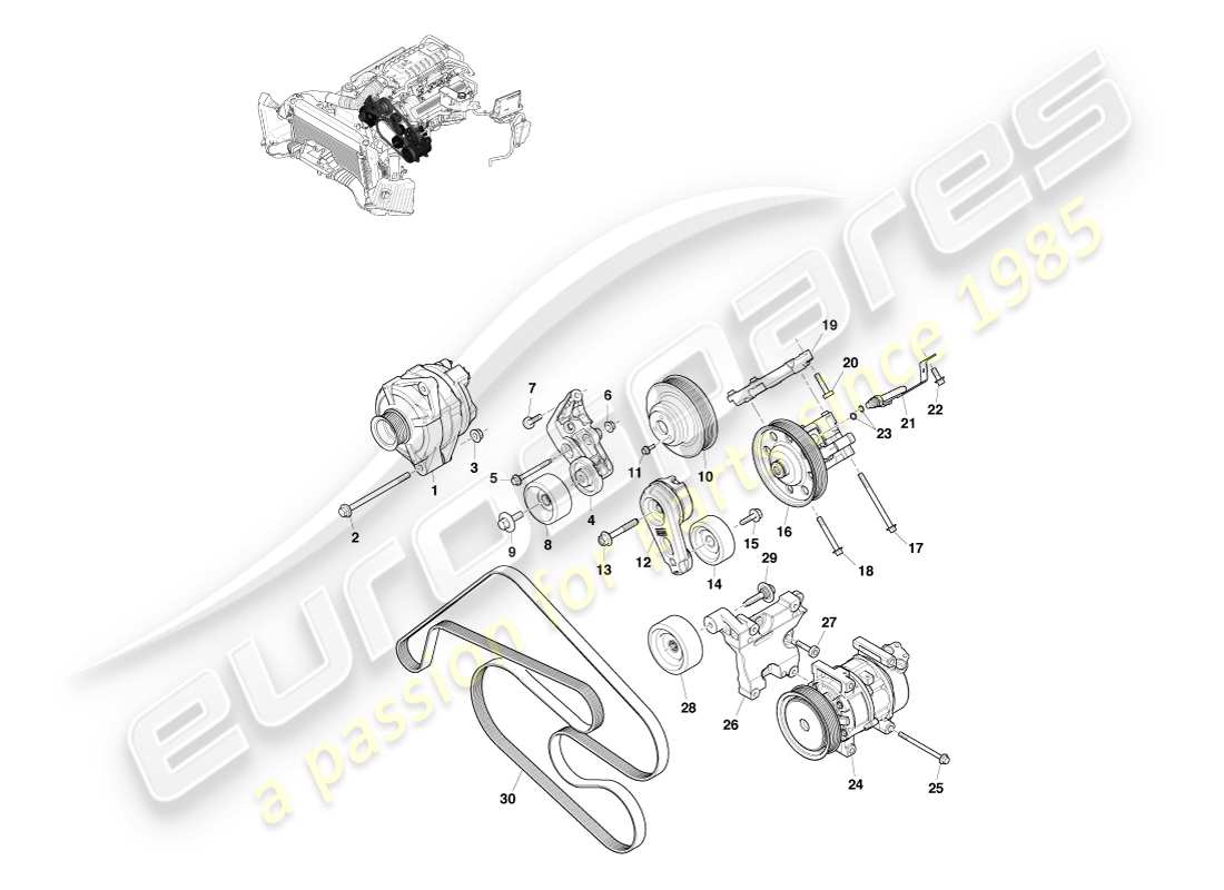aston martin v8 vantage (2005) diagrama de piezas de transmisión de accesorios