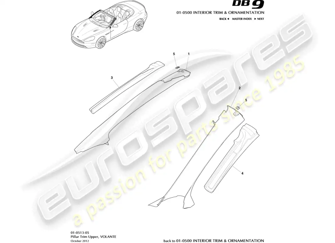 aston martin db9 (2017) moldura de pilar, superior, volante diagrama de piezas