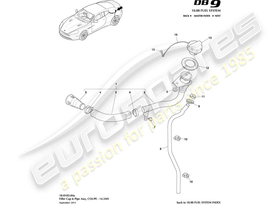 aston martin db9 (2016) conjunto de llenado de combustible, cupé 14.5my diagrama de pieza