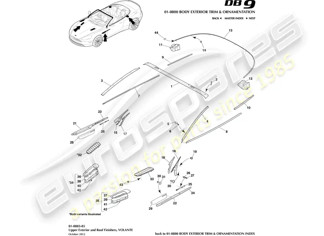 aston martin db9 (2013) acabados exteriores superiores, volante diagrama de piezas