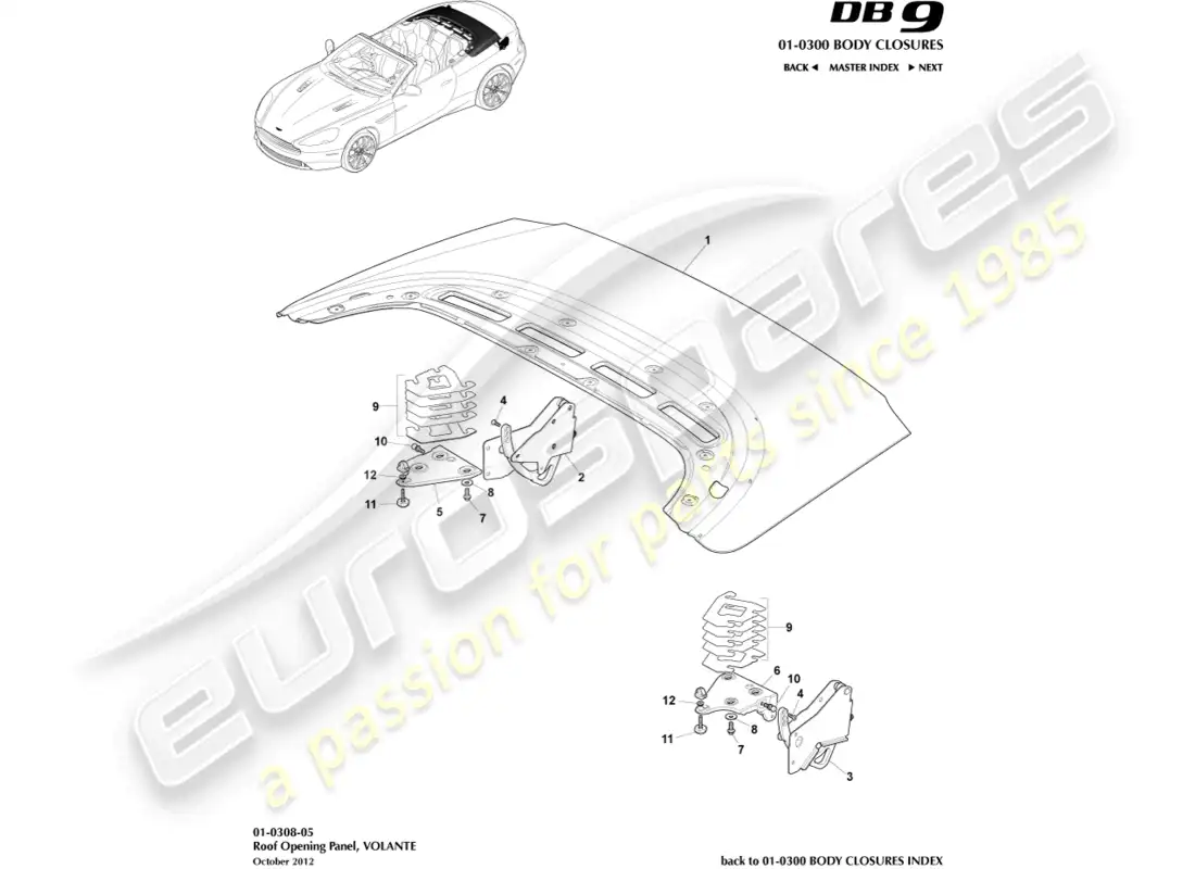 aston martin db9 (2013) panel abertura de techo volante diagrama de piezas