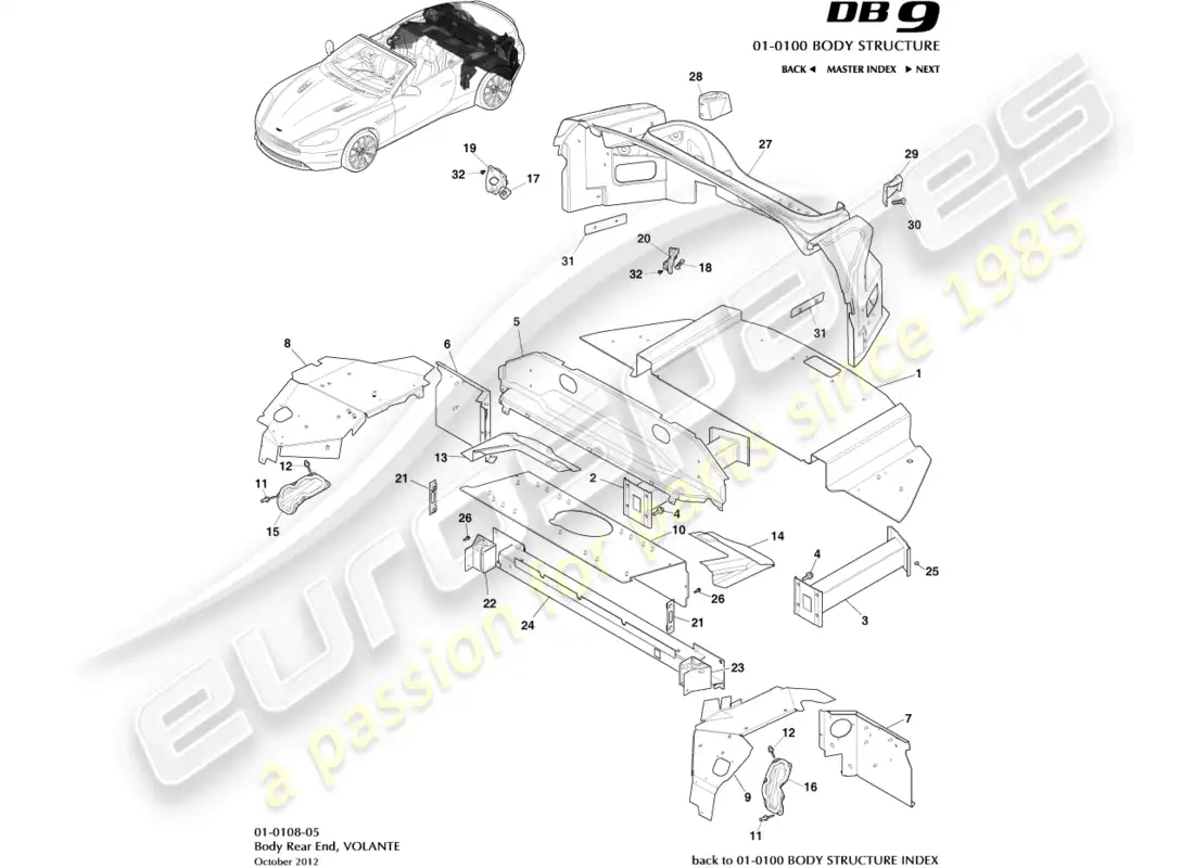 aston martin db9 (2015) body rear end, volante diagrama de piezas
