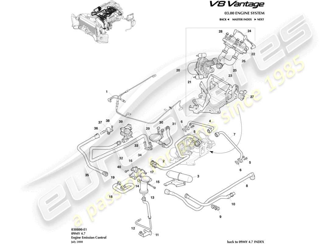 aston martin v8 vantage (2013) diagrama de piezas de control de emisiones