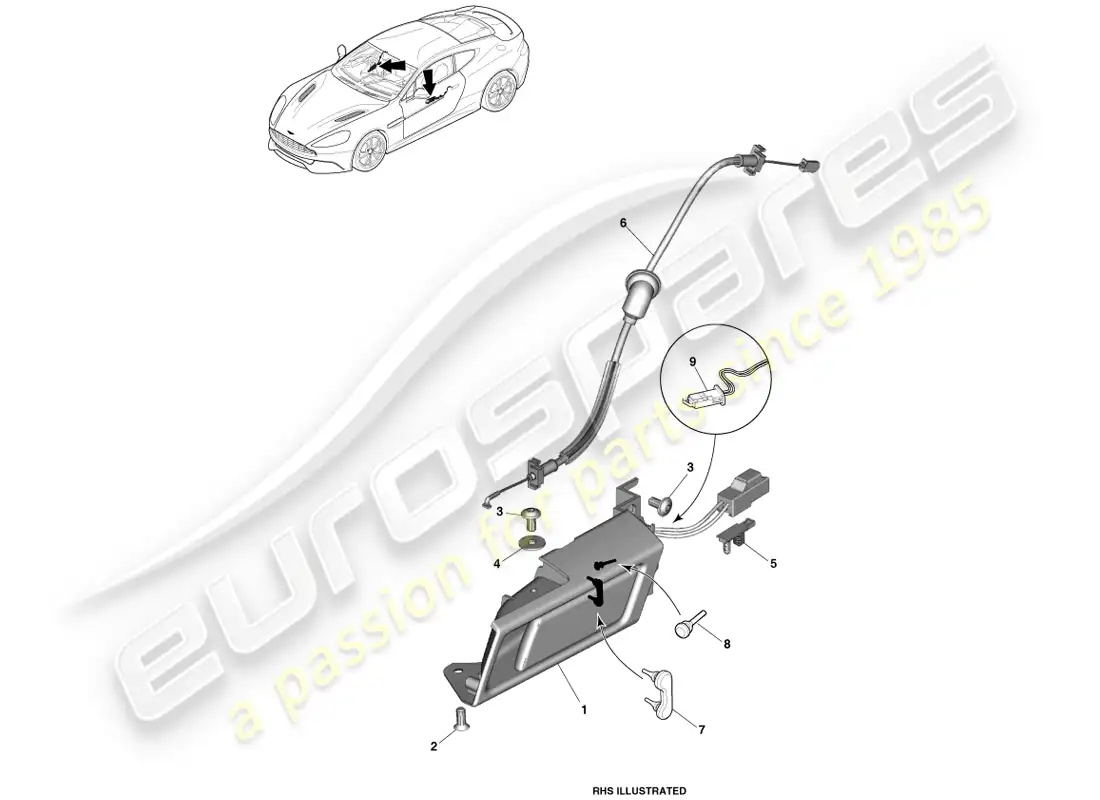 aston martin vanquish (2014) manijas interiores y accionamiento diagrama de piezas