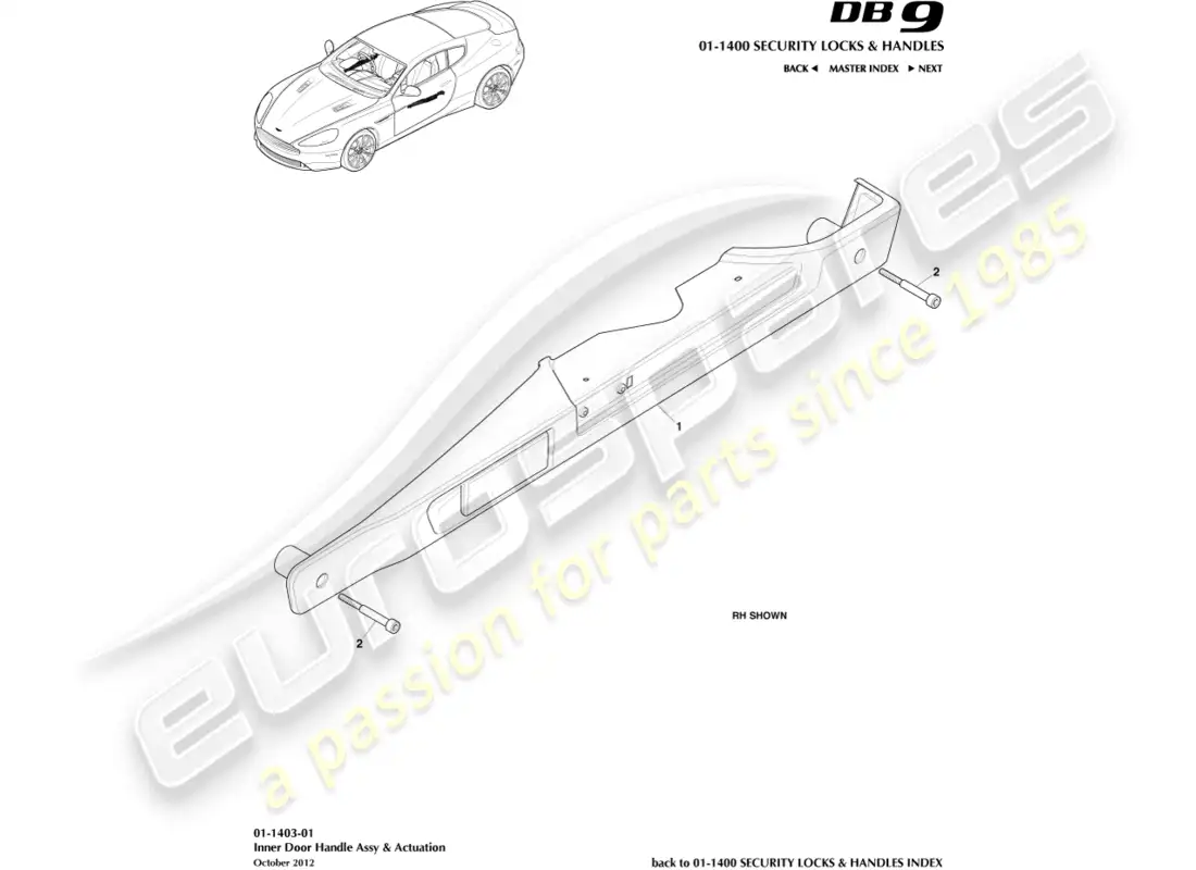 aston martin db9 (2016) manijas interiores y accionamiento diagrama de piezas