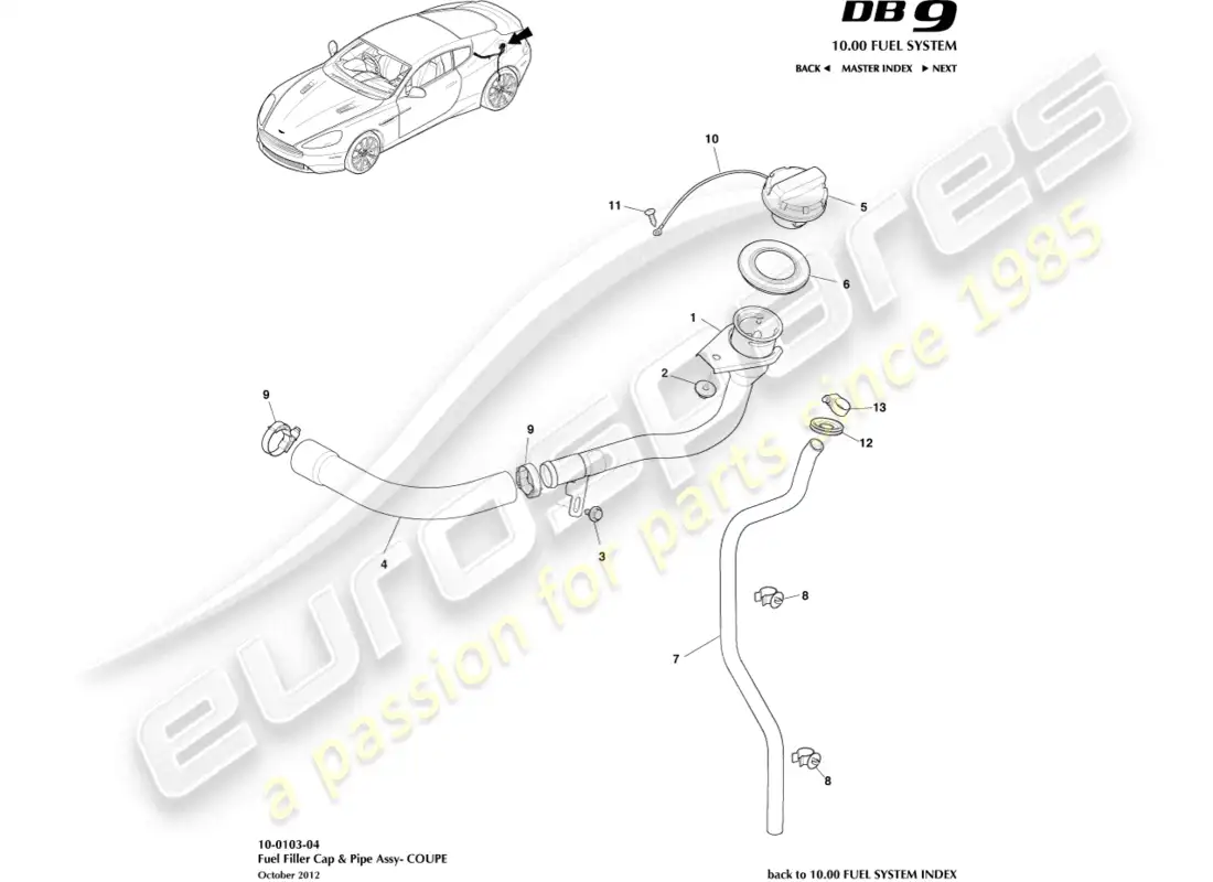 aston martin db9 (2016) conjunto de llenado de combustible, cupé diagrama de piezas