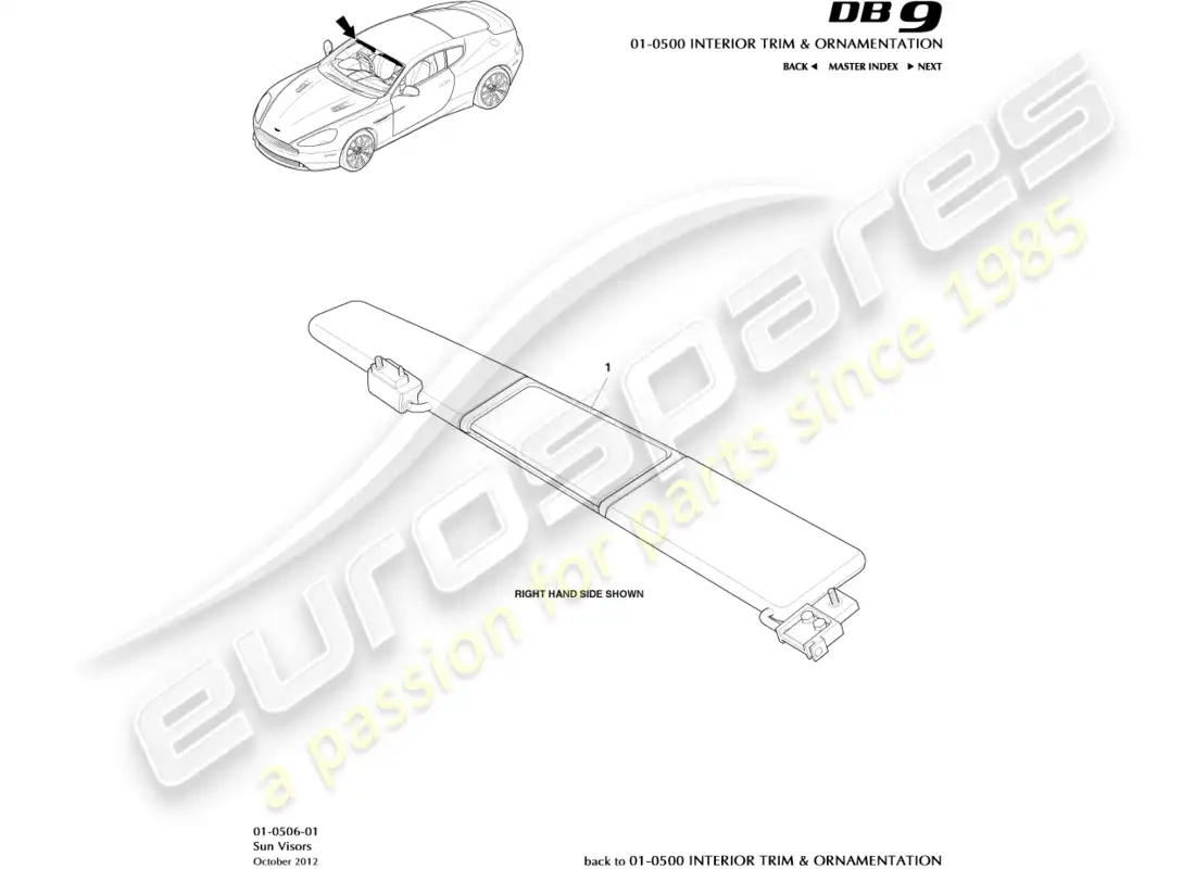 aston martin db9 (2015) viseras de sol diagrama de piezas