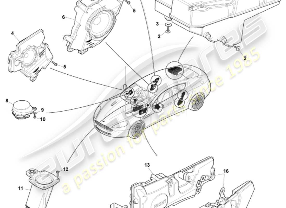 aston martin rapide (2018) altavoces, diagrama de piezas b&o