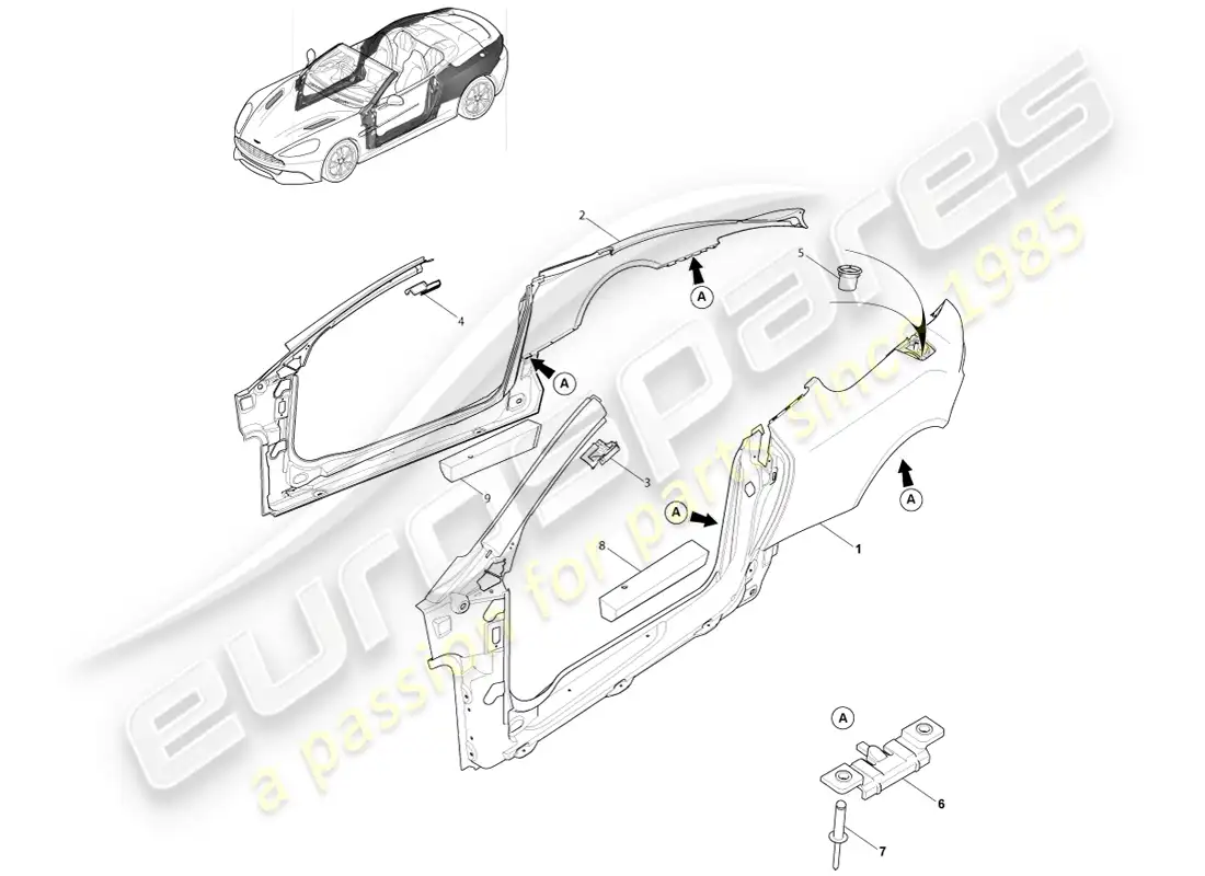 aston martin vanquish (2013) lado del cuerpo, volante diagrama de piezas