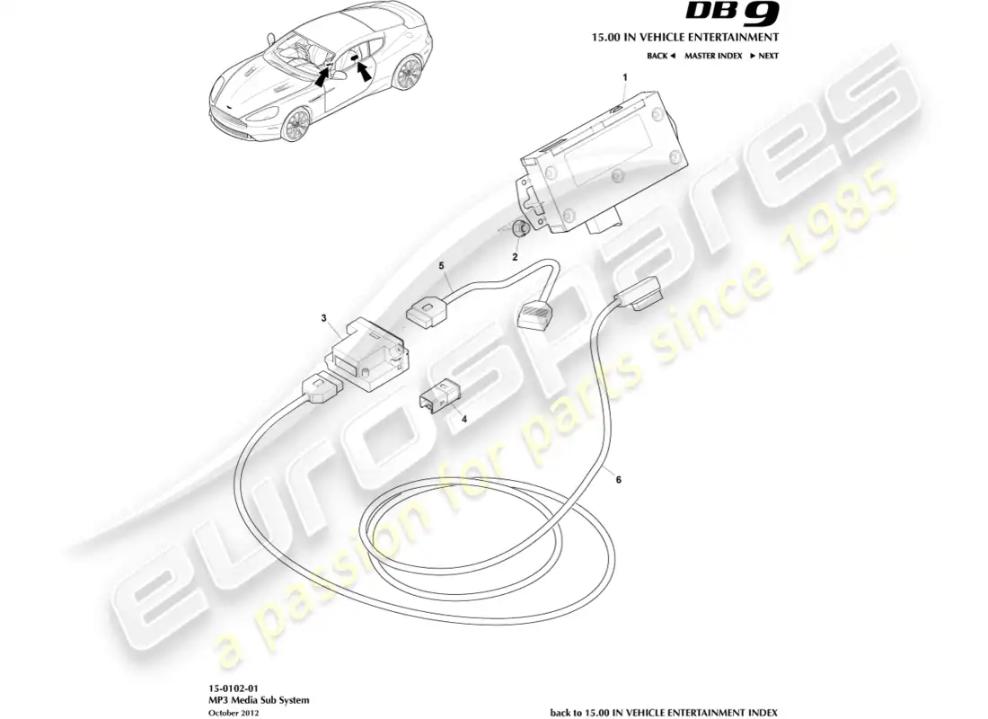 aston martin db9 (2015) mp3 subsistema de medios diagrama de piezas