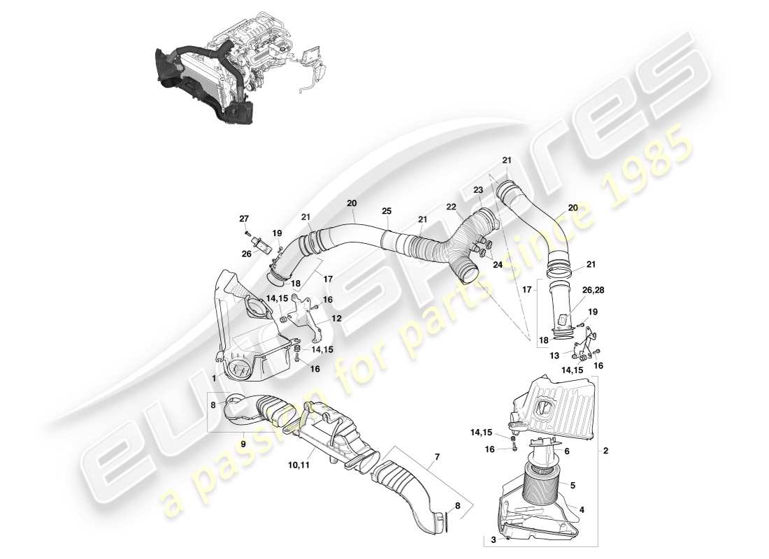 aston martin v8 vantage (2005) diagrama de piezas de carga de aire