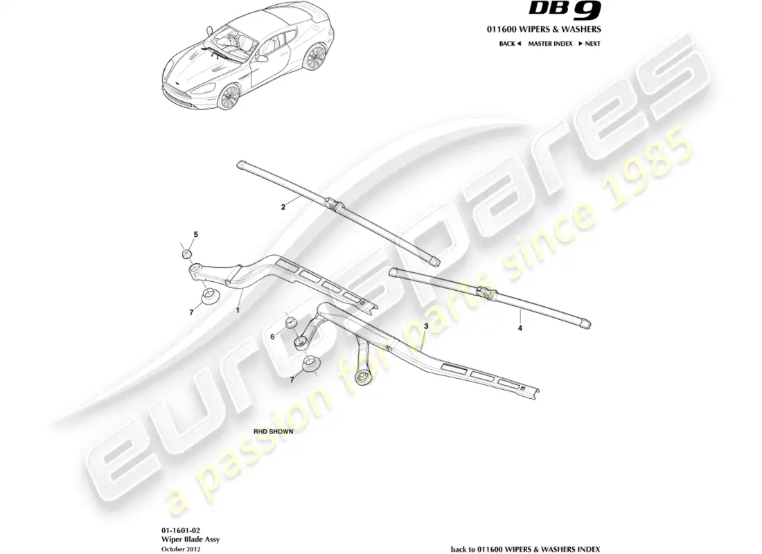 aston martin db9 (2015) conjunto de escobilla de limpiaparabrisas diagrama de piezas