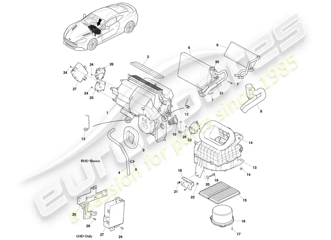 aston martin vanquish (2013) unidad de hvac diagrama de piezas