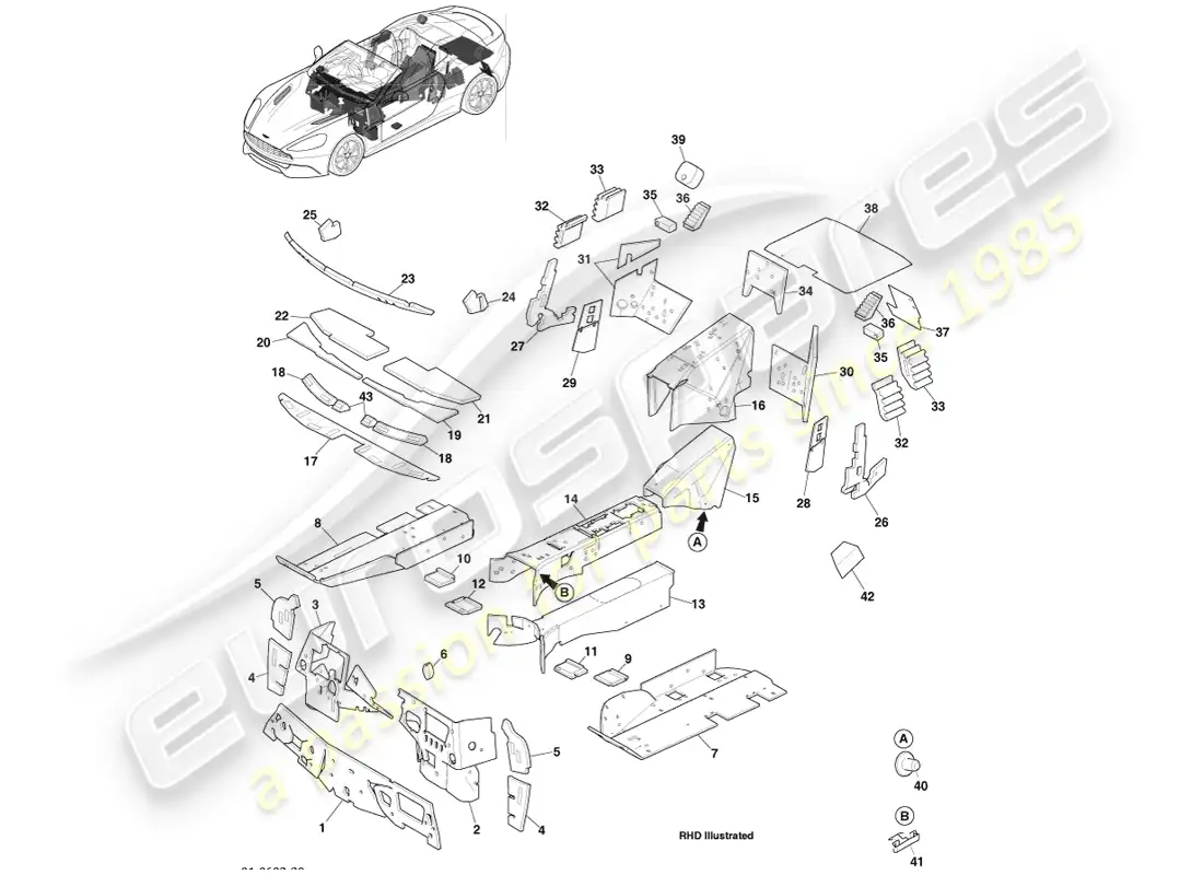 aston martin vanquish (2013) aislamiento acústico, volante diagrama de piezas