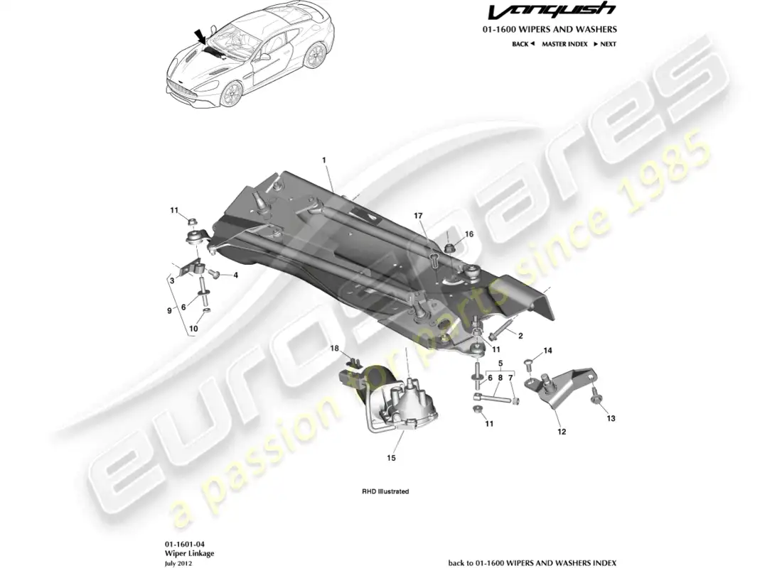 aston martin vanquish (2015) varillaje del limpiaparabrisas diagrama de piezas