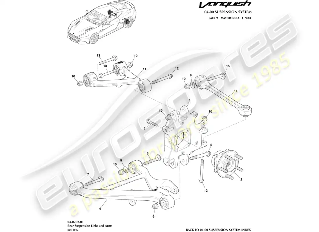 aston martin vanquish (2016) conjunto de suspensión trasera diagrama de piezas