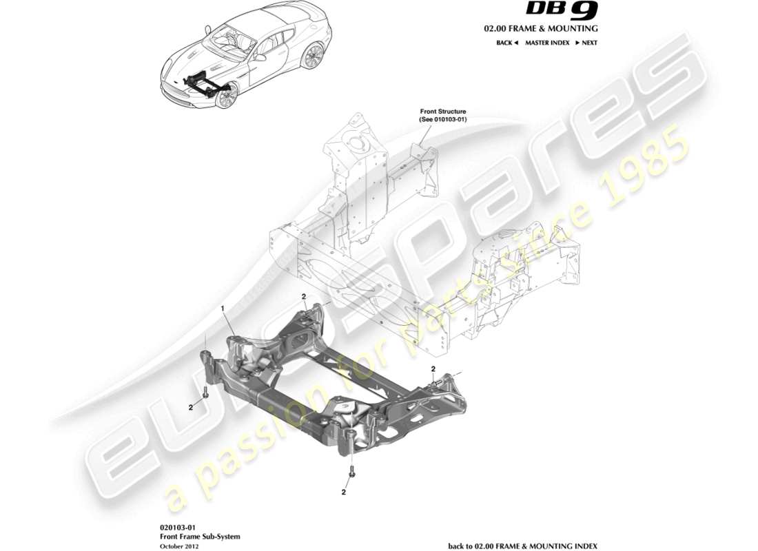 aston martin db9 (2015) diagrama de piezas del subchasis delantero